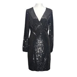 Alexa B Nites Silver Sequin V-Neck Long Sleeve Sheath Dress Sz 8 Y2K Party Glam